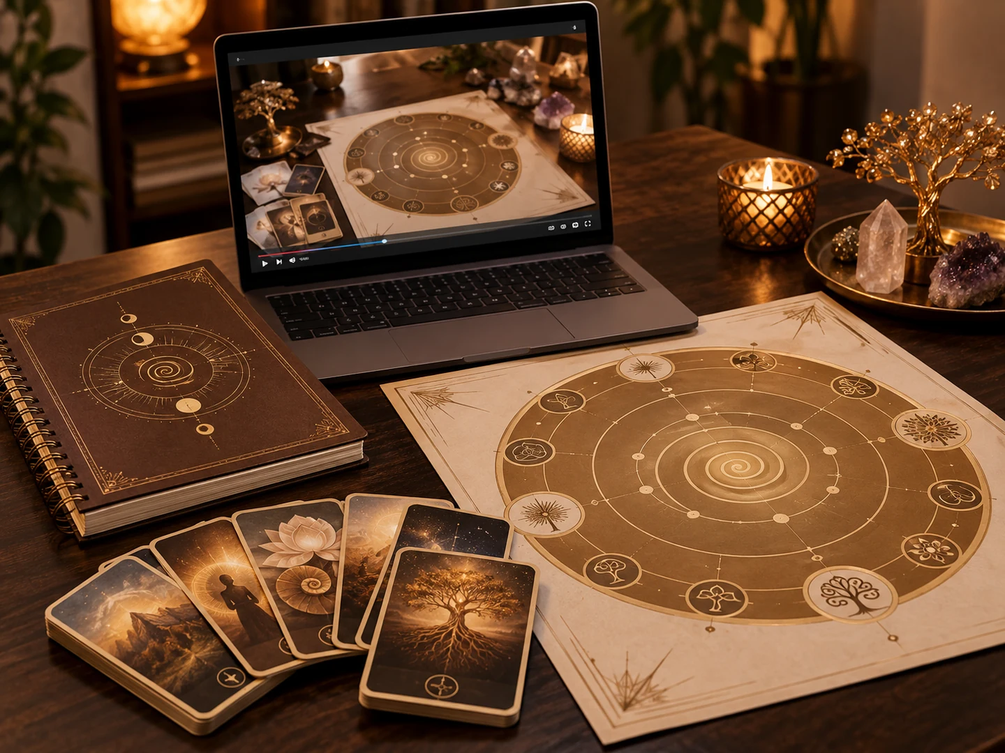 Notebook, apostila, cards e mesa circular do curso digital